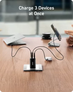 Anker 735 Nano II 65W charger charging laptop, phone, and tablet at the same time