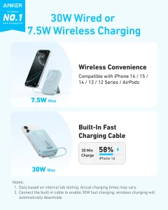 باور بانك أنكر بسعة 10,000 مللي أمبير/ساعة مع شحن لاسلكي لأجهزة iPhone وأجهزة MagSafe