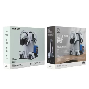 تظهر العبوة المخصصة للبيع بالتجزئة لحامل التبريد Green Lion PS5 صورة المنتج على الواجهة الأمامية والميزات الرئيسية مثل سرعة المروحة 4500 دورة في الدقيقة ومساحة تخزين 14 قرصًا على الواجهة الخلفية.