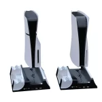 A comparison image of the PS5 cooling stand with controller charger, showing its compatibility with both the original PS5 console and the newer PS5 Slim model.