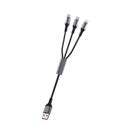 Earidom 120W 5-in-1 braided fast charging cable for iPhone, iPad, and MacBook, laid out on a table