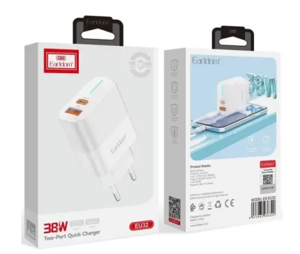 Close-up of the white Earldom 2-port charger showing its slim profile and two USB charging ports.