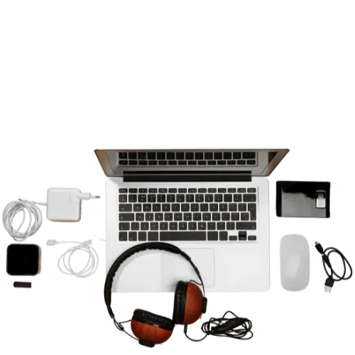 Modern computer and laptop accessories including keyboards, mice, headphones, and USB hubs on a desk setup