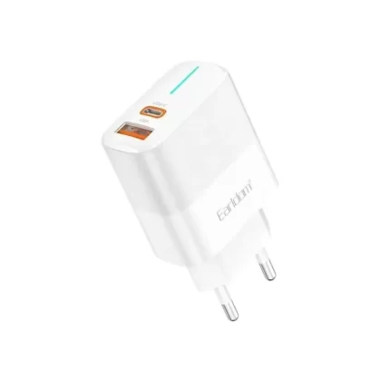 Earldom 38W Fast Wall Charger with two USB ports in white, plugged into a wall outlet.