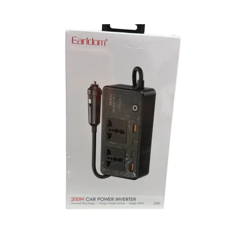 Earldom_LT01 200W_Car_Power Inverter,_2 USB-A ports, 2universal AC,1 USB-C, Cable 50 cm, black Earldom LT01 200W Car Power Inverter with dual AC outlets, USB-A, and USB-C ports