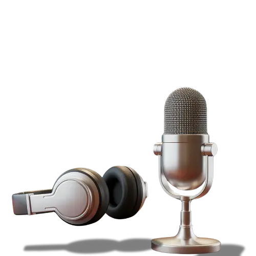 Professional podcasting and camera setup with microphones, lighting, and video recording equipment