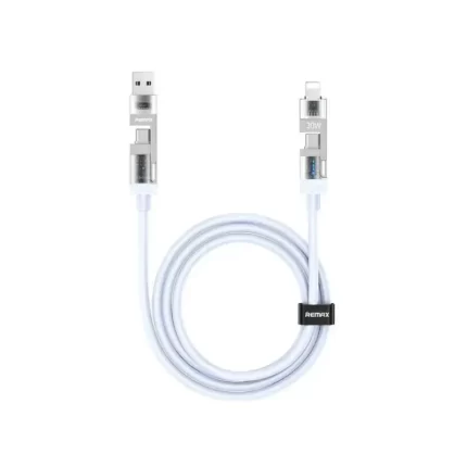 REMAX CB18 (A+C-C+L) 4-in-1 Fast Charging Cable 240W – White, multi-device compatible with USB Type-A, Type-C, and Lightning connectors.