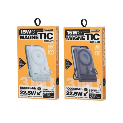 REMAX MC-01 10000mAh Magnetic Wireless Power Bank with Built-in Cable – Grey