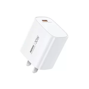 White REMAX U187-C30W 30W GaN Fast Charger with foldable plug on a clean background
