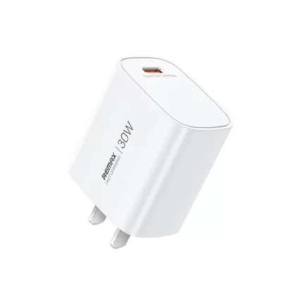 White REMAX U187-C30W 30W GaN Fast Charger with foldable plug on a clean background
