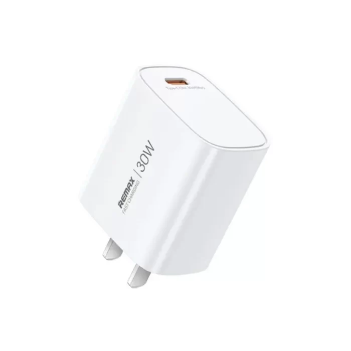 White REMAX U187-C30W 30W GaN Fast Charger with foldable plug on a clean background