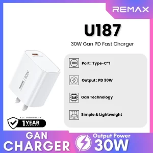 Close-up of the USB-C port on the white REMAX GaN fast charger
