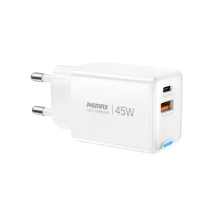 شاحن سريع من ريماكس CA05 بقوة 45 واط من GaN مع منفذي USB وType-C - أبيض