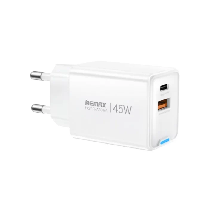 Remax CA05 45W GaN Fast Charger with Dual USB and Type-C Ports – White