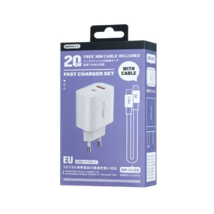 White Remax 20W Fast Charger plugged in and charging an iPhone with a USB-C to Lightning cable