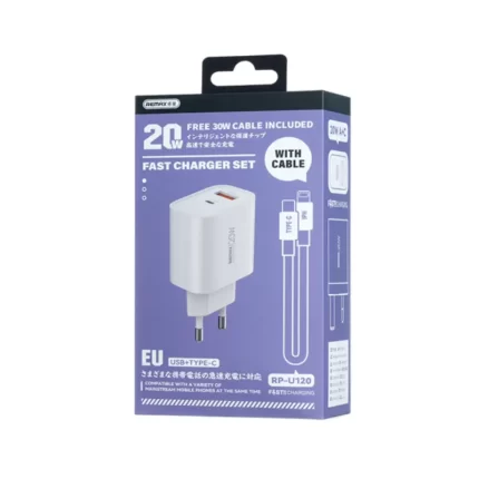White Remax 20W Fast Charger plugged in and charging an iPhone with a USB-C to Lightning cable