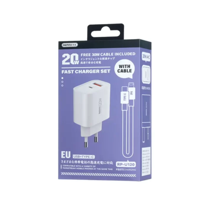 White Remax 20W Fast Charger plugged in and charging an iPhone with a USB-C to Lightning cable