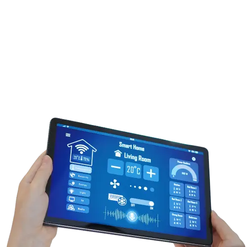 Smart home setup with voice-controlled lights, security cameras, and connected appliances in a modern living room