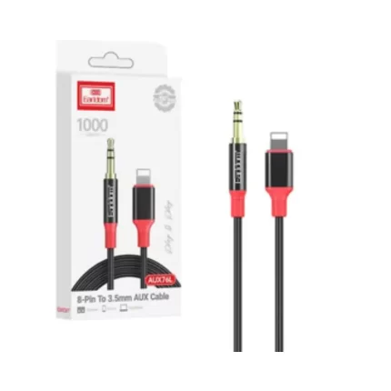 Close-up of gold-plated Lightning and 3.5mm connectors on Earldom AUX76L cable