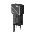 Close-up of the black Remax CM03 Explorer Gallium Nitride charger showing its two USB-C and USB-A ports and foldable plug.