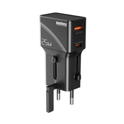 Close-up of the black Remax CM03 Explorer Gallium Nitride charger showing its two USB-C and USB-A ports and foldable plug.