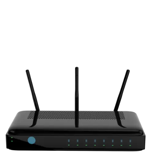 Modern networking products including routers, Ethernet switches, and Wi-Fi range extenders on a desk setup