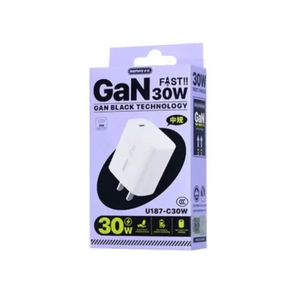Size comparison of REMAX 30W GaN charger next to a traditional 5W iPhone charger