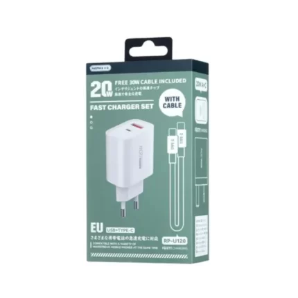 White Remax 20W Fast Charger plugged in, charging a smartphone and tablet simultaneously
