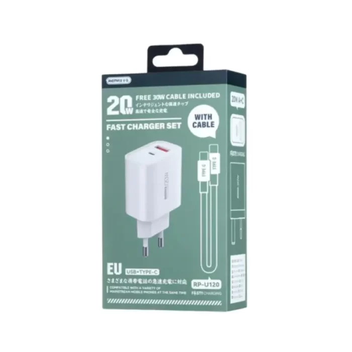 White Remax 20W Fast Charger plugged in, charging a smartphone and tablet simultaneously