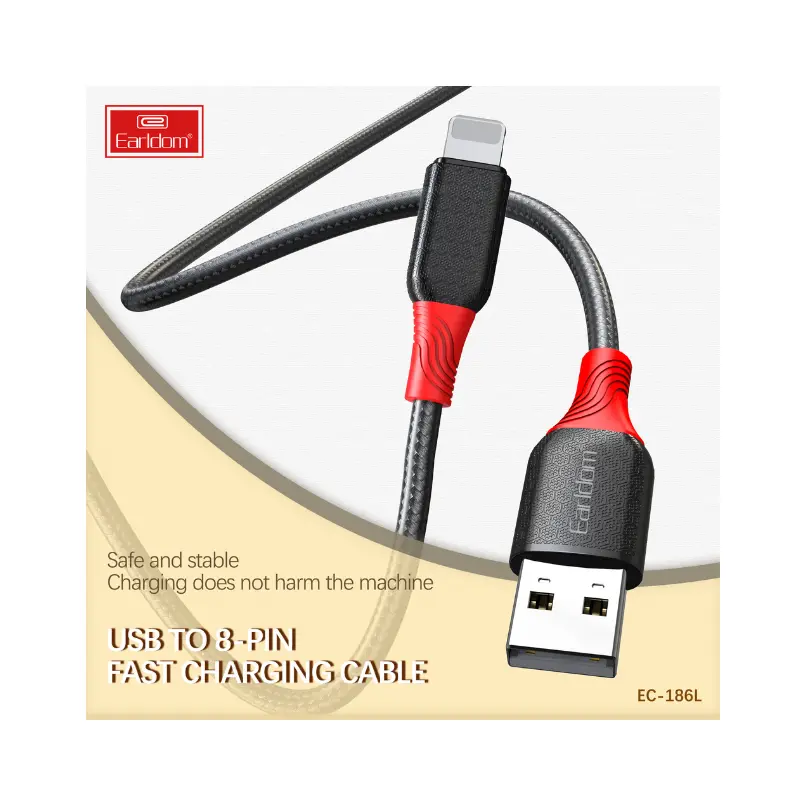 Earldom EC-186L 2.4A Cable Fast Charging Lightning, 1m Length - black_2 Durable Earldom EC-186L Lightning Cable with Reinforced Connectors