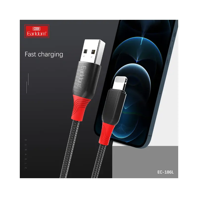 Earldom EC-186L 2.4A Cable Fast Charging Lightning, 1m Length - black_4 1 Meter Lightning Cable Earldom EC-186L Black