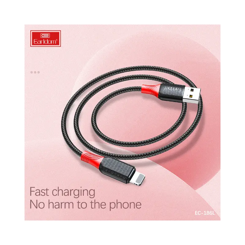 Earldom EC-186L 2.4A Cable Fast Charging Lightning, 1m Length - black_5 Earldom EC-186L Lightning Cable Safe Charging Protection