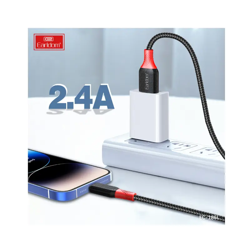 Earldom EC-186L 2.4A Cable Fast Charging Lightning, 1m Length - black_6 Sleek Black Lightning Cable Earldom EC-186L