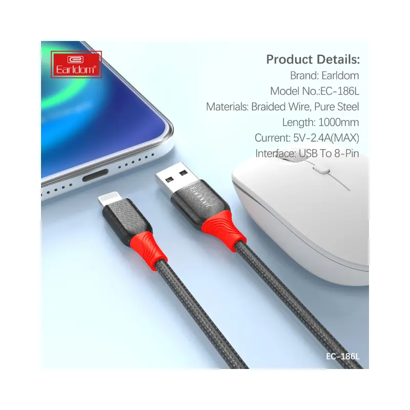 Earldom EC-186L 2.4A Cable Fast Charging Lightning, 1m Length - black_7 Compact and Portable Lightning Cable Earldom EC-186L