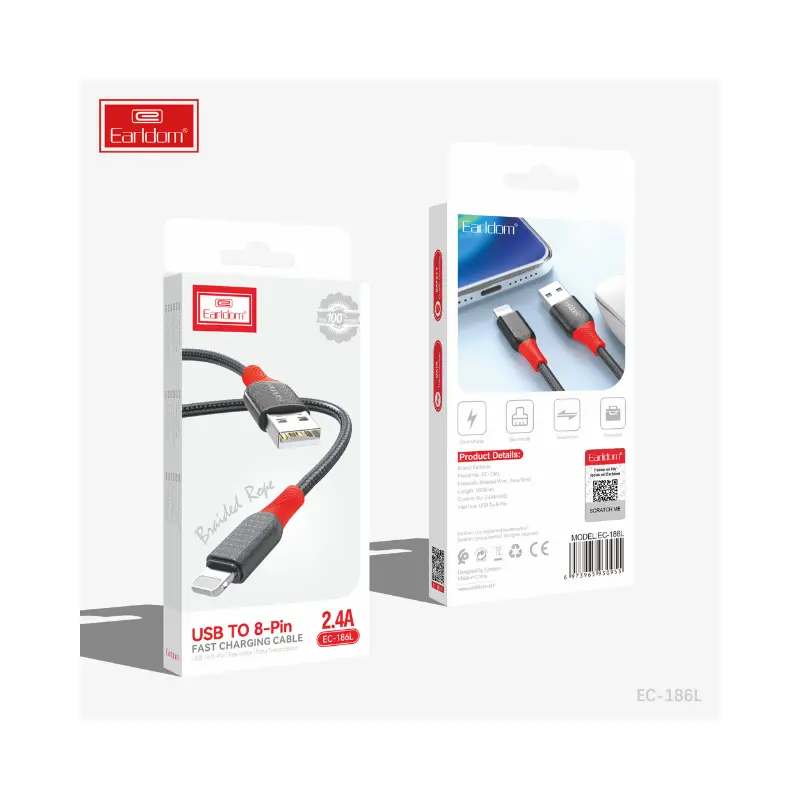 Earldom EC-186L 2.4A Cable Fast Charging Lightning, 1m Length - black_8 Earldom EC-186L Lightning Cable for iPhone and iPad