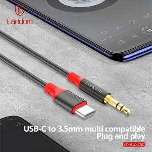 Earldom AUX76C USB-C to AUX Cable 1 meter length, black nylon braided
