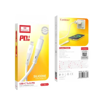 Close-up of flexible white Earldom silicone cable for fast iPhone charging and data sync