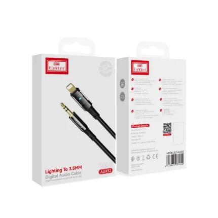 iPhone connected to car AUX input with a black Lightning cable