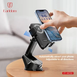 Earldom ET-C53 magnetic wireless car charger holding an iPhone on a car air vent, showing GPS navigation on screen.