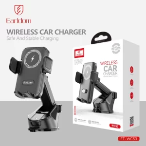Clean car dashboard setup with the Earldom wireless charger holding a phone, showcasing a cable-free interior.