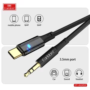 A realistic scenario. Show an Earldom AUX53 cable connecting a modern USB-C smartphone to the AUX input in your car's dashboard. Or show it connecting a laptop to a set of desktop speakers. The environment should look clean and appealing.