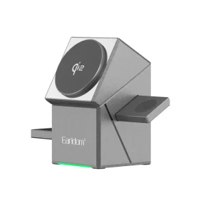 Close-up of the compact, space-saving gray cube design showing the dedicated charging spots for phone, watch, and earbuds.