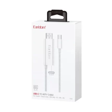 Earldom W40 Type-C to HDMI adapter connecting a modern laptop to a 4K monitor, extending the desktop display.