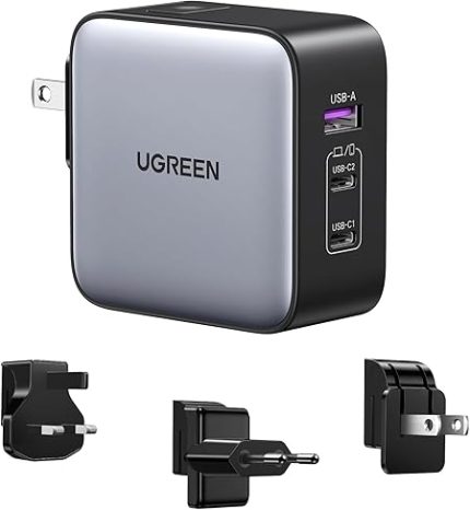 Close-up of UGREEN 65W charger showing USB-C and USB-A ports