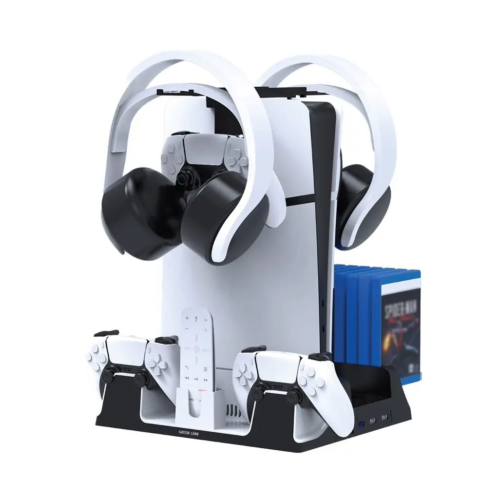 PS5 Cooling Stand Charging Station - White all-in-one PS5 cooling stand in white and black, showing charging docks for two controllers and a media remote, dual headset holders, and a side rack for game storage.