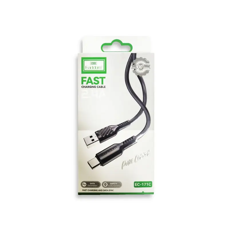 Earldom_EC-171C, USB_To_Type-C Cable,_1_Meter, Black Close-up of Earldom EC-171C Type-C Connector – Reinforced Design for Long-Term Use