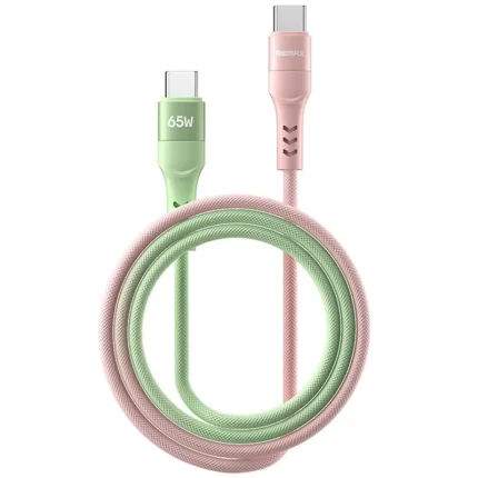 REMAX CB16 (C-C) 65W PD Fast Charging Cable – Pink and Green braided USB-C to USB-C cable with aluminum alloy connectors.