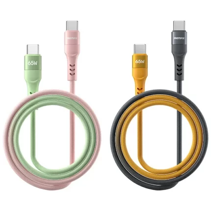 REMAX CB16 USB-C to USB-C 65W fast charging cable with aluminum shell and tangle-free braided nylon exterior.