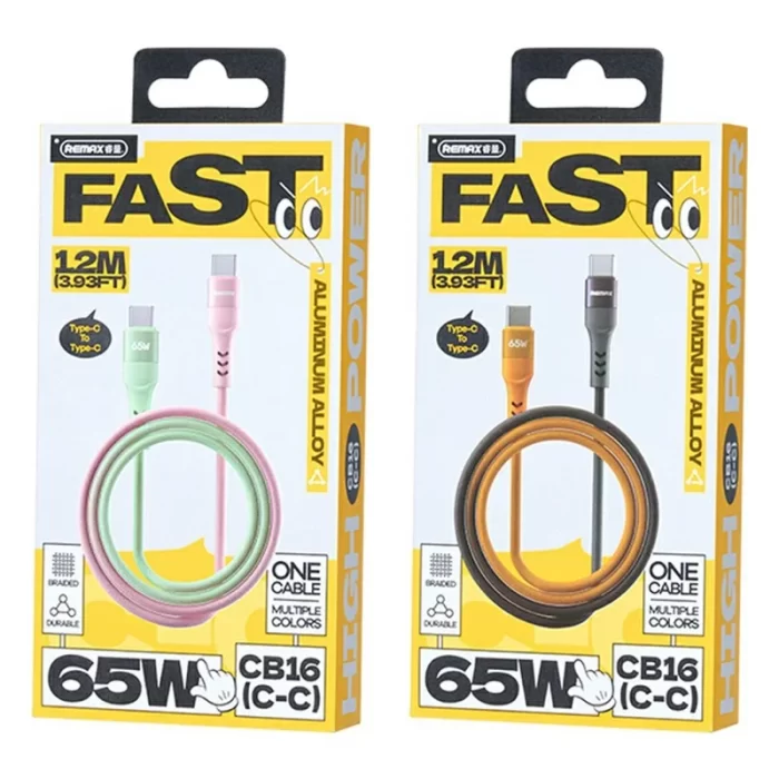 REMAX CB16 1.2M braided Type-C to Type-C cable for fast charging and data transfer.