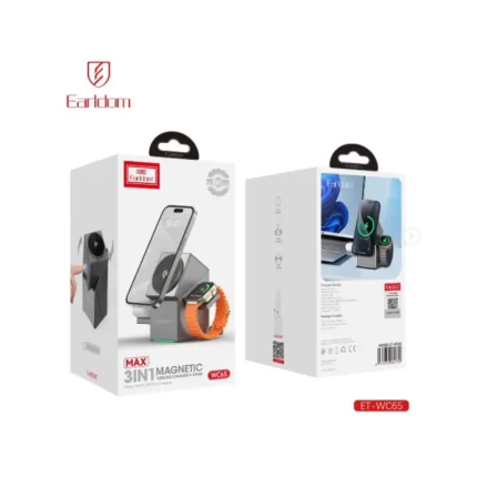 Earldom 3-in-1 Cube Wireless Charger in Gray, charging an iPhone, Apple Watch, and AirPods simultaneously on a nightstand.